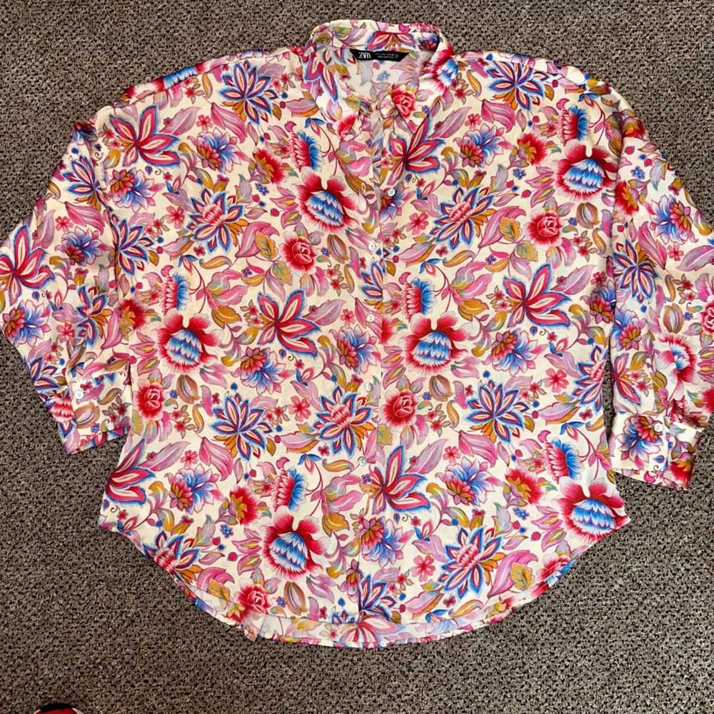 Zara Floral Print Button Down Shirt Oversized Long Sleeve Blouse Pink Blue L